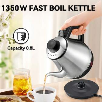 Bouilloire électrique anticaloriques à double paroi en acier inoxydable 0,8 L | 1350 W, ébullition rapide | Arrêt automatique anti-brûlure | Bouilloire multifonctionnelle portable pour faire du thé et faire tremper le lait dans la cuisine et au bureau
