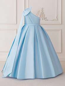 Tween Girls Asymmetric Bow Bridesmaid Party Dress, Elegant Beauty Pageant Princess Banquet Gown For Girls, Graduation Ceremony Birthday Wedding Prom Dress - Blue - View 2