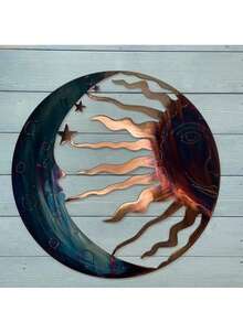 1 szt. Metalowa dekoracja ścienna - Słońce, księżyc i gwiazdy 3D niebiańska rzeźba twarzy, wisząca ozdoba do wewnątrz/na zewnątrz na werandę, trawnik, ogród, sztuka ścienna do ogrodu | Motyw niebiański | Trwała metalowa sztuka, dekoracja księżyca