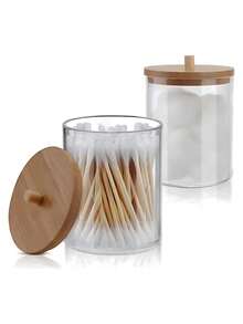 Pote Organizador Acrílico com Tampa de Bambu – Porta Cotonete e Algodão 1 a 5 Unidades Acrílico transparente - Marrom - Visão 1