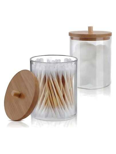 Pote Organizador Acrílico com Tampa de Bambu – Porta Cotonete e Algodão 1 a 5 Unidades Acrílico transparente
