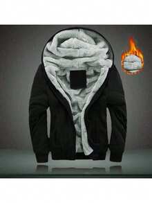 Men's Winter Fleece Hoodie; Warm Sweatshirt; Solid Color Jacket; Men's Hooded Sweatshirt - 黑色 - 查看 3