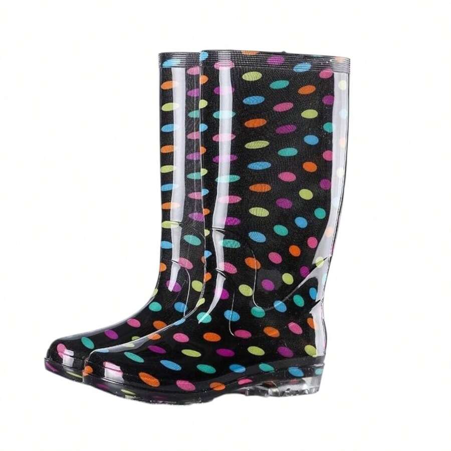 Bota De Lluvia Largas Para Mujer Dama Impermeables Suela Antideslizante Ligeras Livianas Diseño Estampados Material Grueso - Negro Bolitas - Ver 1