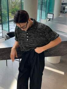 Men's Solid Color Short-Sleeved Single-Breasted Daily Casual Loose Knit Top