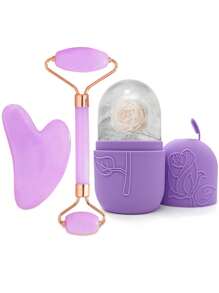 Set de 3 rodillos de hielo faciales - Juego de rodillos faciales de hielo, herramientas de masaje facial, rodillo facial de silicona con hielo, rodillo de hielo, cuarzo rosa con rodillo masajeador y tabla Gua Sha, para aliviar la hinchazón facial y ocular, masajeador facial que contornea y mejora el cuidado de la piel y el brillo, para ojos, cuello y rostro, molde de rodillo facial de hielo - Herramientas para el cuidado de la piel. Productos para masaje con hielo de verano, suministros de oficina, suministros escolares, artículos esenciales de viaje.