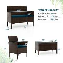 Set Of 4 Furniture Set W/ Washable Cushions & Tempered Glass Coffee Table - 藍色 - 查看 3