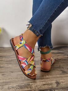 多色系带平底女式休闲凉鞋，时尚百搭户外凉鞋