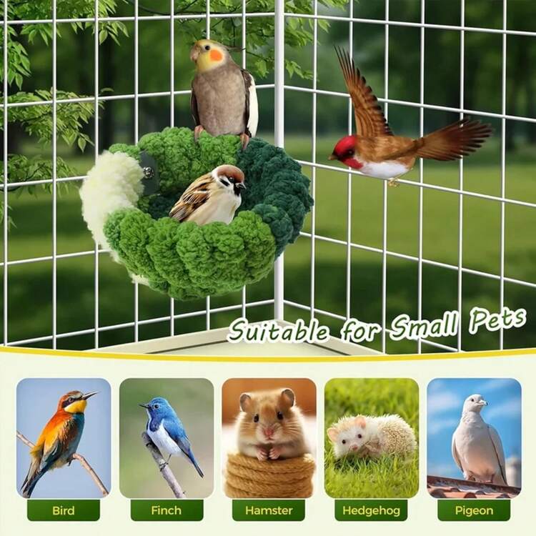 Cama Redonda de Peluche para Dormir, Cálido y Acogedor, Juguete para Animales Pequeños, Accesorios para Jaula de Pájaros y Loros - Verde M - Añade 7