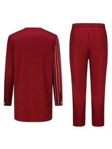 卡翁达男士套装卡夫坦服装圆领条纹印花长袖非洲复古男士套装传统服装 - 紅色 - 查看 3