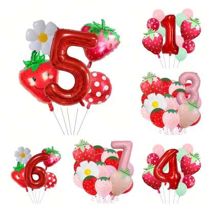 32 Inch Strawberry Shaped Aluminum Foil Balloons Set, Red Number Cute Strawberry Balloons, Summer Fruit Theme Birthday Party Decorations