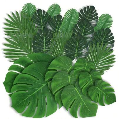 21 piezas Hojas de palma y caña: 7 hojas de palma y tallos artificiales tropicales verdes surtidos, adecuados para decoración de bodas, fiestas de cumpleaños y mesas de banquetes con temática de jungla