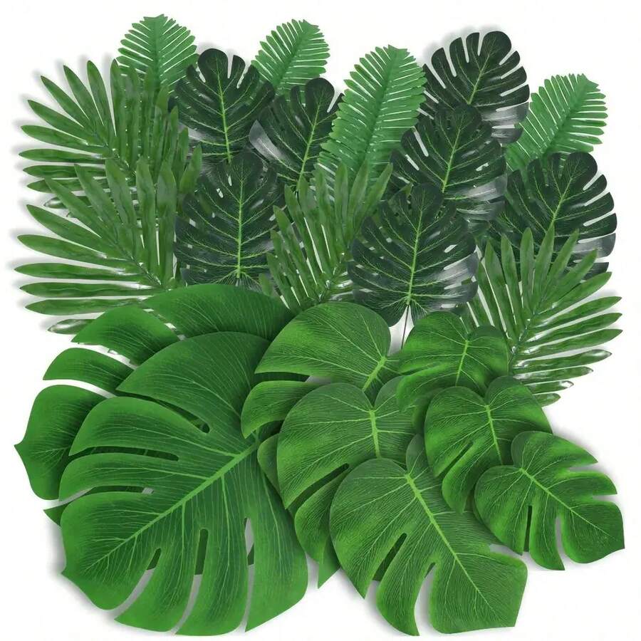 21 片棕榈叶和藤条 - 7 种各式绿色人造热带棕榈叶和茎，适用于丛林主题婚礼、生日派对、宴会桌装饰 - 綠色 - 查看 1