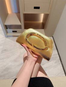 1pc Stylish EU/US Metallic Decorated Mini Box Handbag, High-End Shiny Metal Bar Clutch Purse, Elegant Luxury Evening Dress Party Bag, Leather Design Prom Dancing Clutch/Wedding Ceremony Handbag With Metal Chain - Gold - View 4