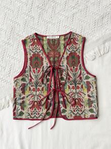 Rusttydustty Boho Embroidered Tie Waist Vest Vintage Jacquard Waistcoat Tie Front Top,Christmas, Thanksgiving, New Year Party Outfit