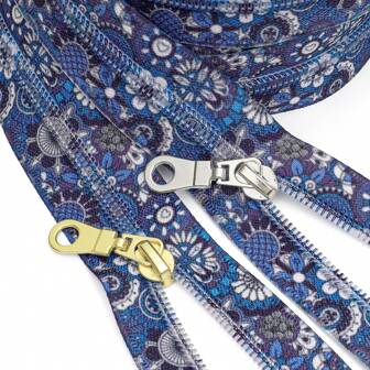 1套=4.5米/5码拉链+10个拉链头，5#尼龙拉链，浅金色或银色锁扣拉链头，蓝色花卉印花，适用于行李箱、夹克、家居收纳袋等。