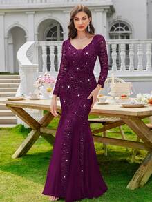 MIUSOL 亮片花卉蕾丝深V领长袖网纱鱼尾晚礼服/婚礼宾客礼服/正式礼服，适合情人节、春季优雅派对 - 紫紅色 - 查看 12