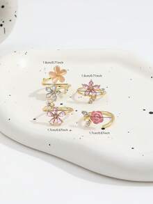 Bộ 4 chiếc/Bộ nhẫn có thể điều chỉnh hình hoa hồng màu hồng đáng yêu, trang trí bằng ngọc trai giả kim cương, bộ nhẫn hoa năm cánh cho phụ nữ - Vàng - Xem 5