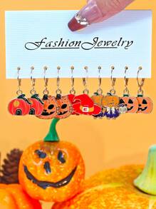 10 Stücke/50 Stücke neue Lustige Halloween Ohrringe, Gothic Schädel, Geistgesicht, schwarze Katze, Kürbis, Fledermaus Ohrhänger Schmuckset aus Zinklegierung für Frauen