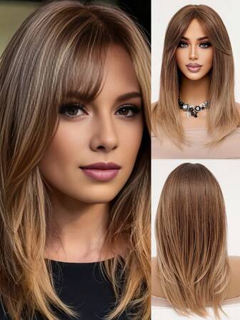 中长直发棕色至金色假发深色发根合成假发耐热假发带侧刘海女士假发日常街头装扮假发自然发型 20 英寸