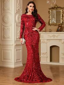 hezixi 弹力亮片连衣裙，舒适贴合各种身材，独特的透视圆领长袖修身鱼尾裙摆设计，女士正式舞会礼服/晚礼服，适合婚礼、春季派对等场合。 - 紅色 - 查看 3