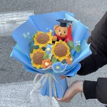 1pc Handmade Sunflower & Teddy Bear Bouquet - Great For Celebrations, Home Decor, Birthday & Graduation Gifts, Graduation Party Decoration