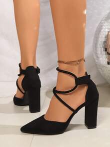 Sandale elegante cu vârful ascuțit, toc gros, talpă moale, respirabile, cu toc pătrat, pentru nuntă/petrecere, versatile pentru exterior, cu bareta încrucișată, tocuri înalte negre, pentru vacanță - Negru - Vizualizare 5