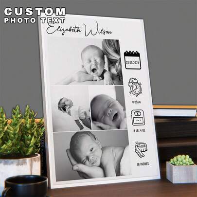 1 pieza Lienzo de foto y texto personalizado, Impresión en lienzo personalizada, Póster en lienzo personalizado, Lienzo de estadísticas de nacimiento del bebé, Lienzo de hitos de crecimiento del bebé, Lienzo de foto del bebé, Nombre personalizado, Texto personalizado, Arte de pared para la habitación del bebé, Decoración de pared, Decoración de escritorio, Regalo para baby shower, Regalo para fiesta de revelación de género, Regalo de bautizo, Organizador de viaje