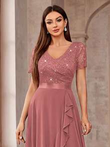 MIUSOL 优雅V领亮片花卉蕾丝荷叶边下摆正式派对长裙，适合情人节、婚礼等场合 - 藕粉色 - 查看 8