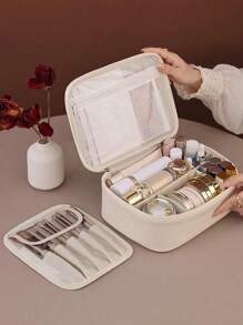1pc Multi-Purpose Makeup Bag, Summer Travel Cosmetic Organizer Pouch, Waterproof Bathroom Toiletry Bag, Large Capacity Makeup Brush Holder, Convenient Travel Handbag For Skincare, Makeup, Brush, Powder, Lipstick, Suitable For Beach, School, Bathroom, Holidays, Valentine's Day, Christmas, Mother's Day Gift, Great For Mom, Family, Friends, Summer Essential