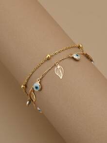 1 件奢华精致镂空叶眼恶魔眼双层不锈钢脚链、手链、沙滩配饰、女士沙滩珠宝 - 金黃色 - 查看 4