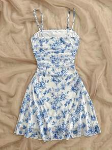 Vestido halter con estampado floral para mujer, elegante y a la moda, con tirantes delgados, adecuado para primavera, verano, otoño e invierno - Azul - Ver 2