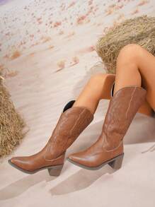 1 Pair Women Elegant Fashion Pull-On Over-The-Knee Boots, Classic Embroidery Design, Brown Western Style Retro Embroidered Cowgirl Boots, Ankle Boots For Autumn/Winter