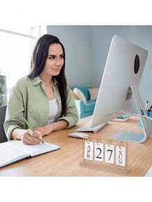 One Wooden Desktop Permanent Calendar With Metal And Wooden Month/Date Display, Gold Finish, Reusable, Suitable For Teachers, Students, Office Workers, Offices, Classrooms, Studies, Home, Desktop Decoration, Classroom Supplies, Country Style Decor, Teacher Appreciation Gift, Teacher's Day Gift, Birthday Gift, Holiday Gift, Desktop Organizer. - Multicolor - View 3