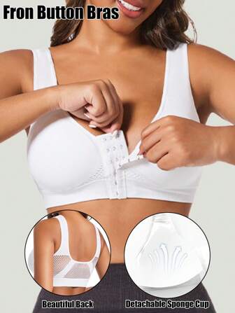 Women's Button Front Bra Seamless Sports Bra No Pad Push Up Tank Top Running Exercise Breathable Mesh Workout Intimates Underwear