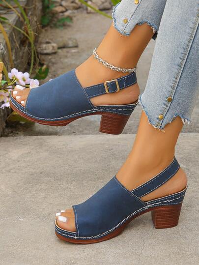 Sandalias de tacón grueso con punta redonda estilo romano, estilo abierto y hebilla en azul marino para mujer de talla grande - Zapatos de tacón alto elegantes, versátiles y cómodos con diseño sin espalda.
