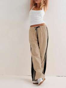 Women's Wide Leg Pants Drawstring High Waist Side Stripes Loose With Pockets Trousers - Khaki - View 4