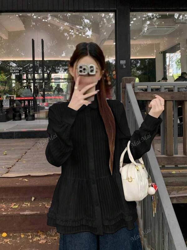 Women's Spring Korean Minimalist Casual Elegant Open Cardigan Polo Collar Loose Long Sleeve Blouse, Summer