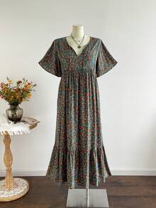 Rusttydustty 加大码复古绿色花卉长裙 V 领短袖高腰宽松休闲长裙 适合日常和野餐 波西米亚风花卉连衣裙 - 綠色 - 查看 2