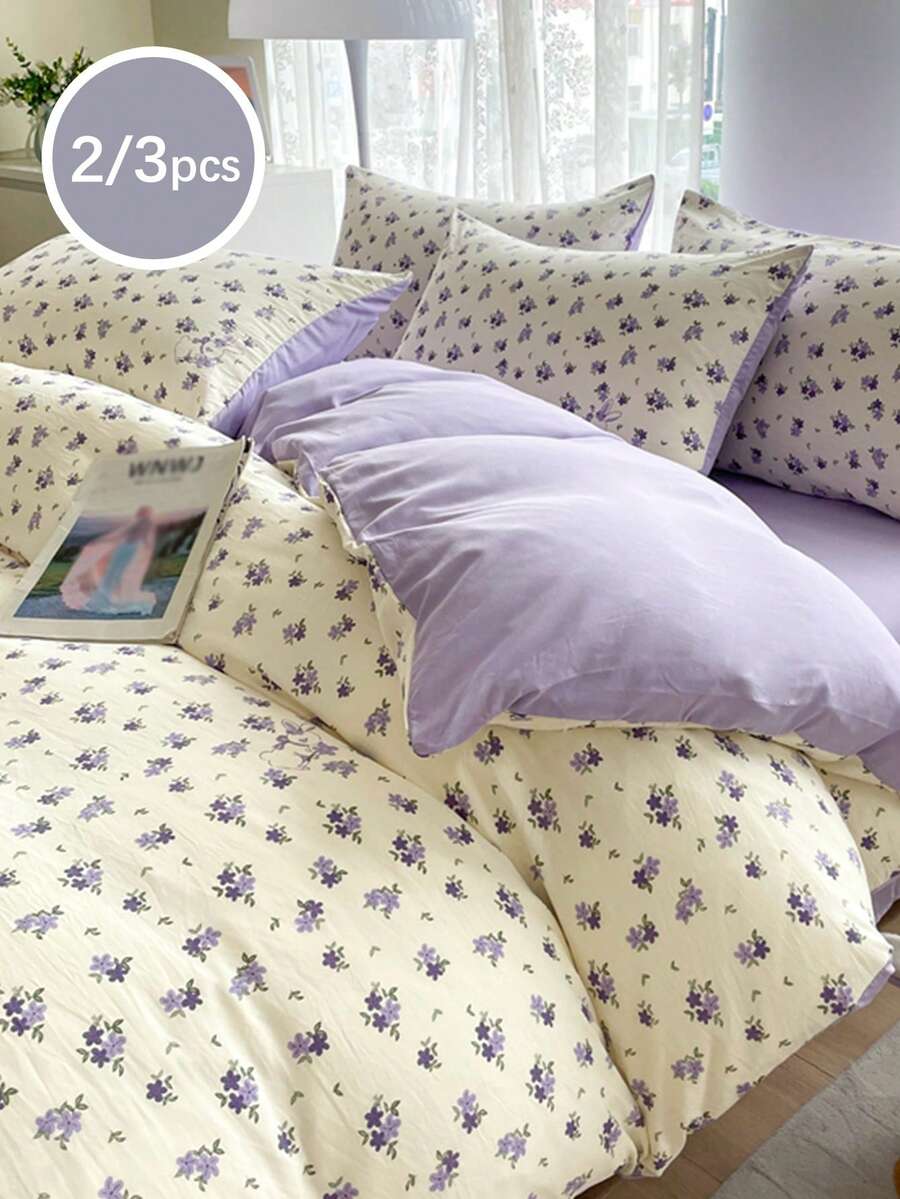 2/3件套，紫色，花卉图案，男女通用，宿舍装饰，超柔软，学生风，甜美可爱女孩款，被套枕套套装，春夏款，可选单人/双人/加大双人尺寸 - 彩色 - 查看 1