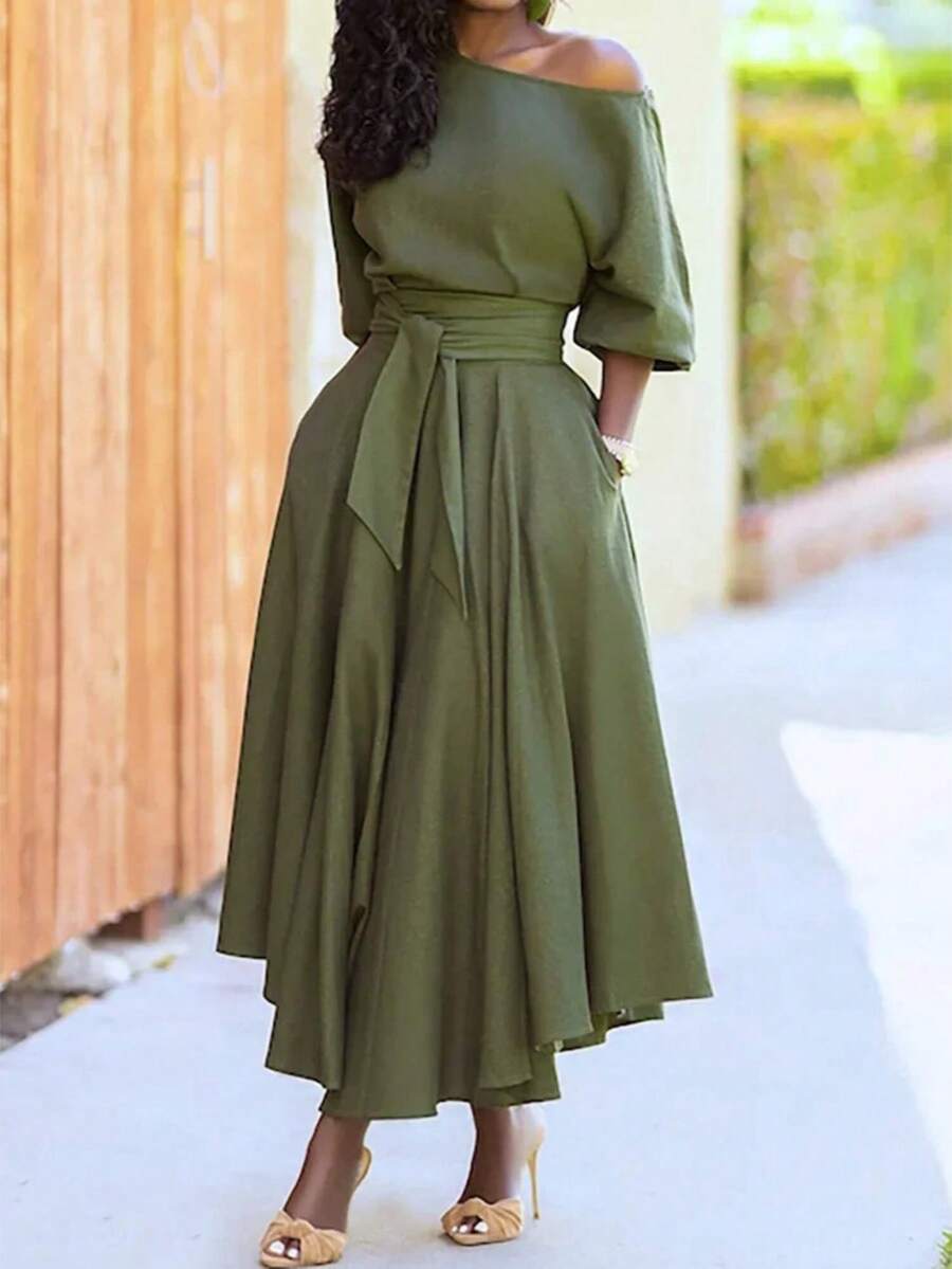Oversized Flared Long Dress In Plain Colour With Belt For Women, Elegant Dress With Pockets, Bare Shoulders, Lrregular Hem, Fashion Vacation Dresses Summer - Army Green - View 1