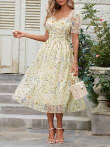 Women's Romantic Elegant Flowy Ditsy Floral Waist-Cinched Long Dress, Short Sleeve Summer Dress