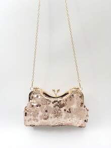 1pc Metallic Mesh Rose Gold Sequins & Rhinestones Flower Decor Clutch Bag, Elegant Minimalist Style Evening Bag, Suitable For Brides, Weddings, Parties, Formal Occasions. Can Be Used As A Gift For Mom, Teacher, Girl, Holiday - Rose Gold - View 5