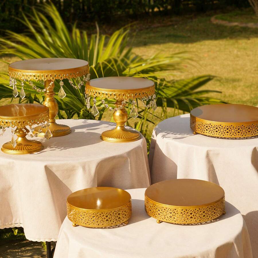 Gold Cake Stand Set Of 6 With Crystal Pendants – Perfect For Weddings, Birthdays, Baby Showers, And Outdoor Events Like Picnics & Camping Parties - 金色 - 查看 1