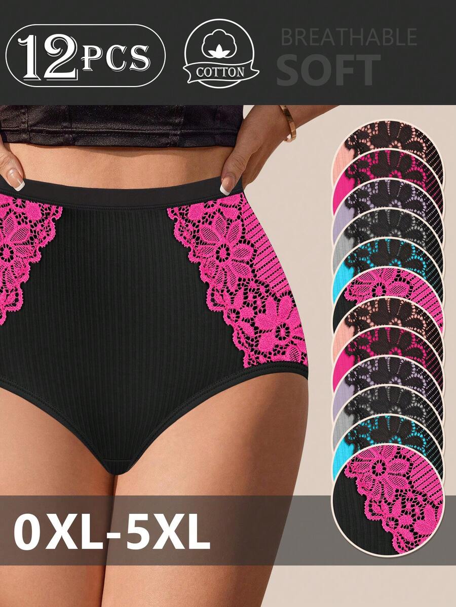 12pcs Plus Size Women's Cotton Lace Trim Jacquard Panties, Triangle Briefs, Soft & Breathable Fit - Nhiều màu - Xem 1