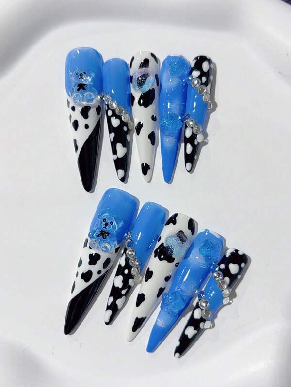 Handmade Press-On Nails Set - 10PCS Black And White Cow Print With Bear Elements, Includes 2 Applicator Tools, Perfect For Daily Wear And Parties For Women And Girls - Pure Handmade Press-On Nails