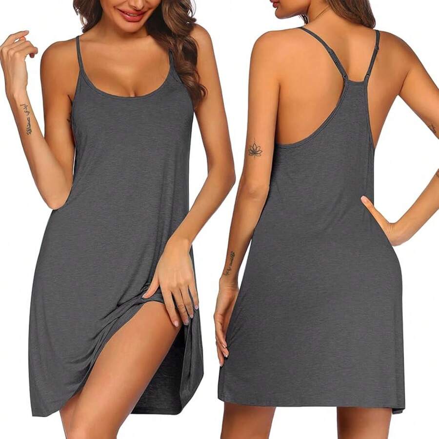 Women's Racerback Sleeveless Nightgown, Sleepwear - Charcoal Grey - 查看 1