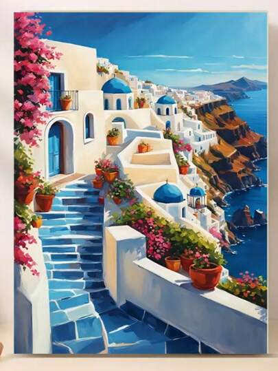 5d Diy Greek Sea Of Love Full Round Diamond Painting Kit Mosaic Santorini Island Beach House Scenery Art Full Drill Diamonds Embroidery Craft,Living-Room Decor,Frameless
