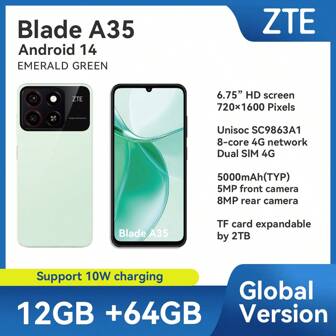  ZTE,Smartphone,Blade A35 Phantom Black,Unlocked, Android 14,(4GB RAM+8GB Fusion) + 64GB ROM,5000mAh Battery,Dual SlM 4G,The Plug Is European Standard,NFC Is Supported, 4G LTE,Global Version