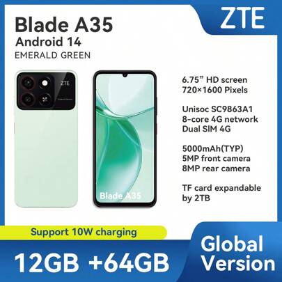 ZTE 中兴，智能手机，Blade A35 幻影黑，已解锁，Android 14，（4GB RAM + 8GB Fusion）+ 64GB ROM，5000mAh 电池，双 SlM 4G，插头为欧洲标准，支持 NFC，4G LTE，全球版本