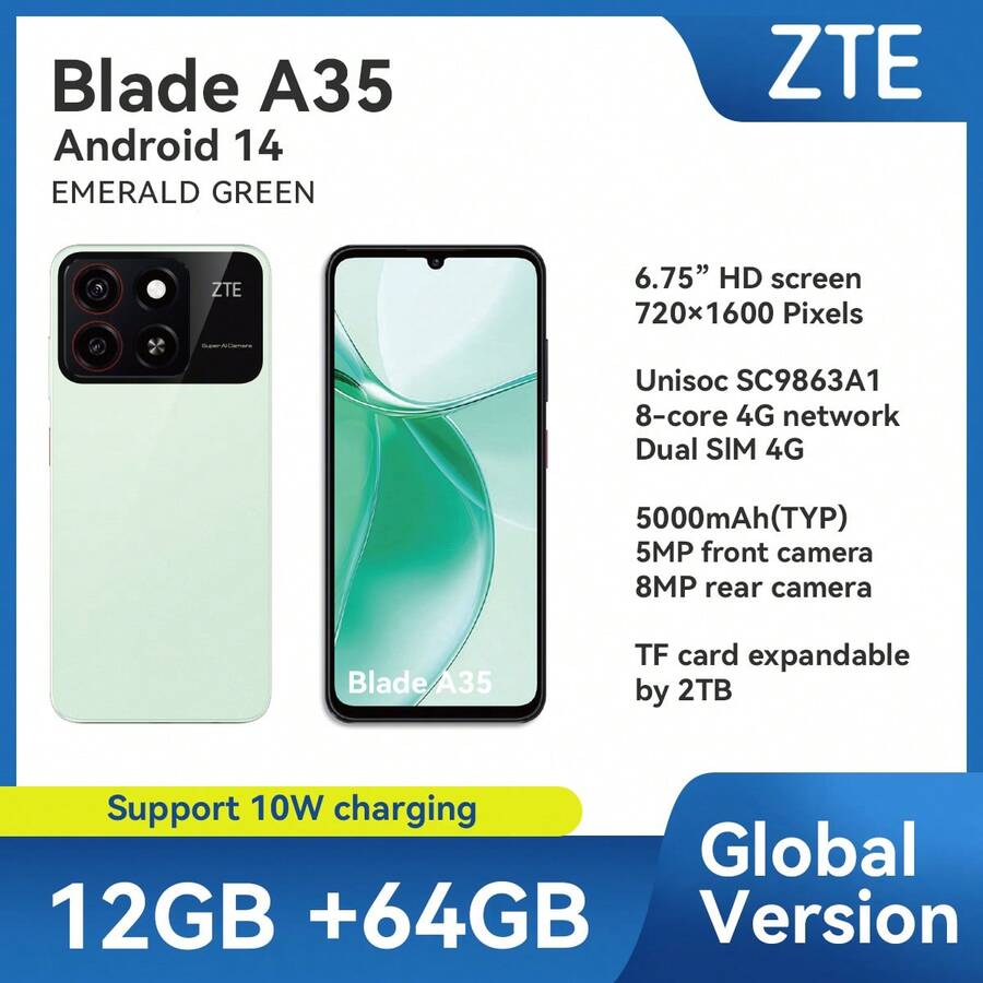 ZTE 中兴，智能手机，Blade A35 幻影黑，已解锁，Android 14，（4GB RAM + 8GB Fusion）+ 64GB ROM，5000mAh 电池，双 SlM 4G，插头为欧洲标准，支持 NFC，4G LTE，全球版本 - 祖母綠 - 查看 1